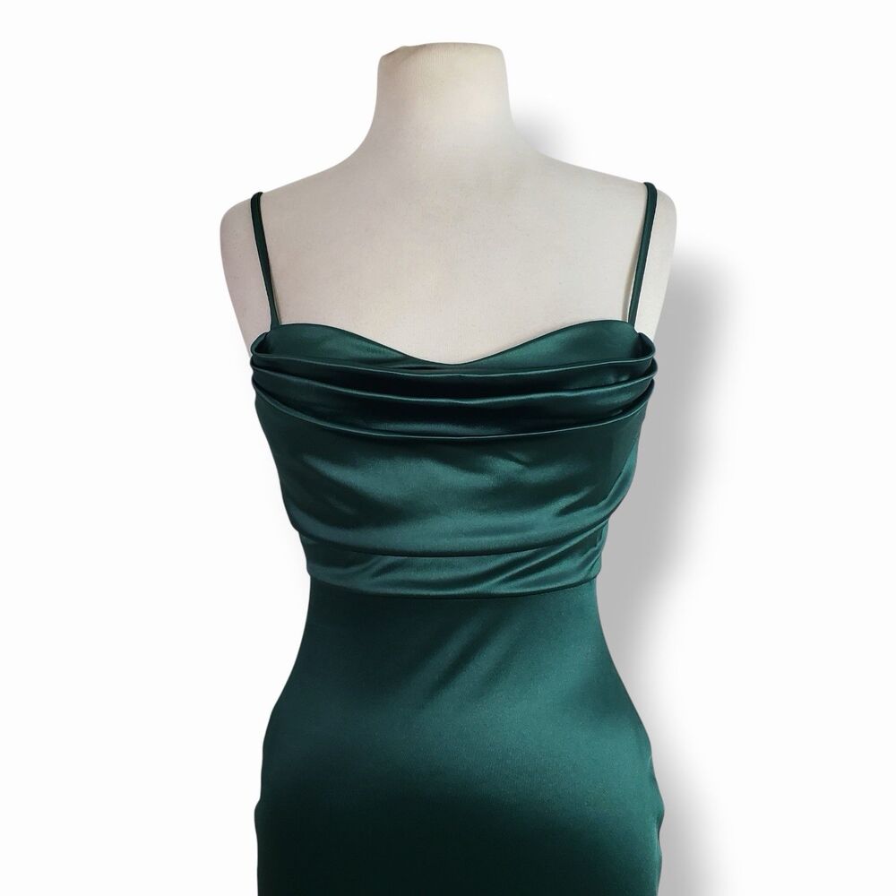 Windsor Lola High Slit Satin Formal Evening Gown Emerald Hunter Green Medium - Picture 3 of 10